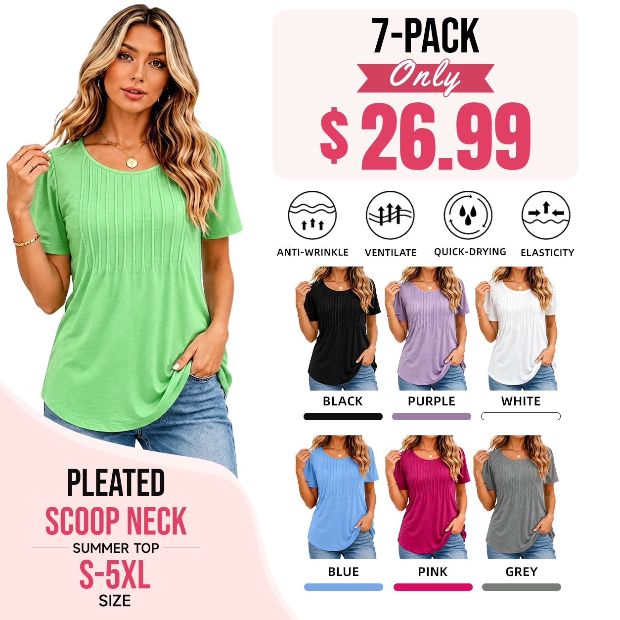 🔥Last day promotion🔥Womens T Shirts Short Sleeve Pleated Dressy Casual Scooped Neck Summer Tops Blouses
