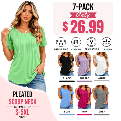 🔥Last day promotion🔥Womens T Shirts Short Sleeve Pleated Dressy Casual Scooped Neck Summer Tops Blouses