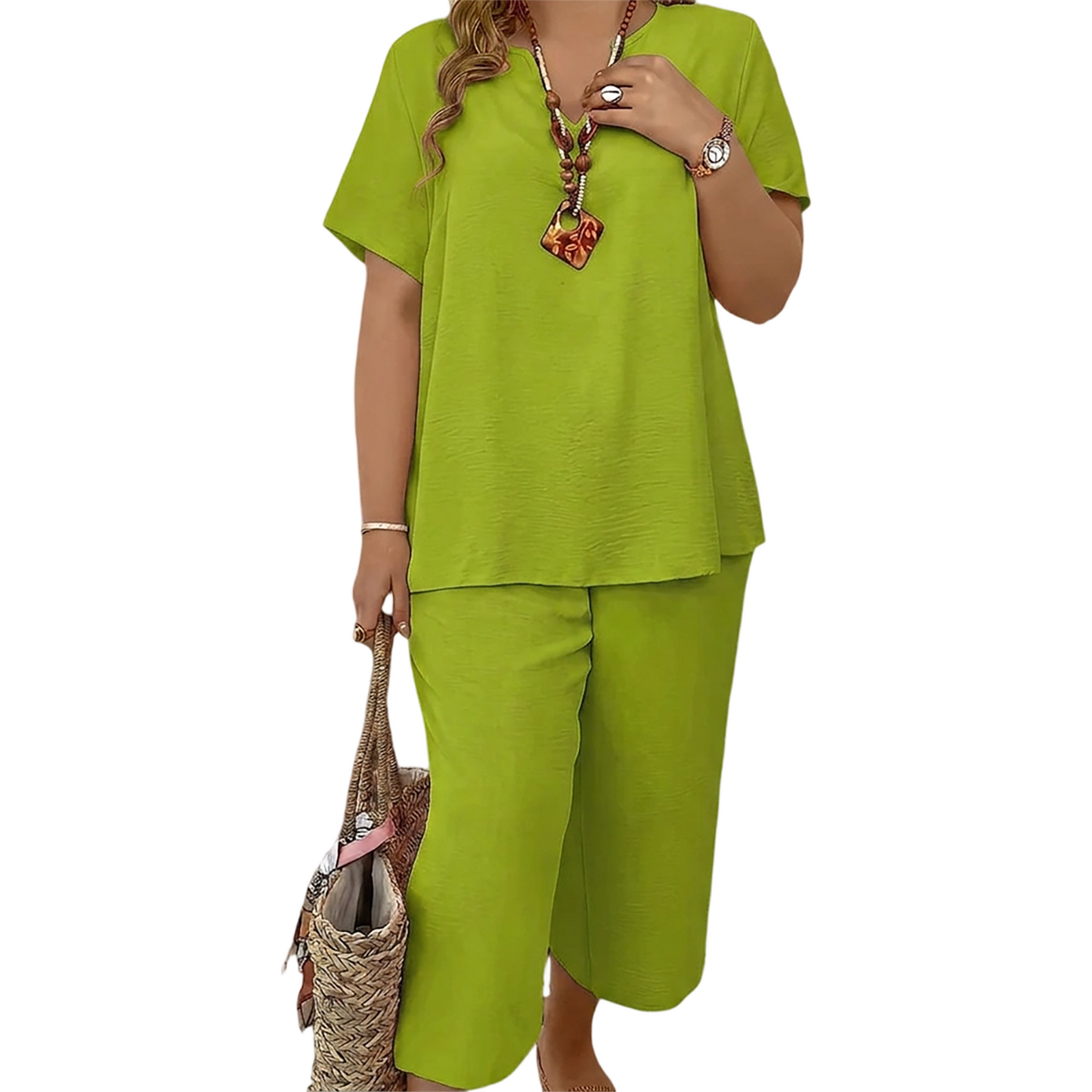 Summer Sale👗Women's Solid Short Sleeve Top & Loose Wide Leg Pants 2-Piece Set
