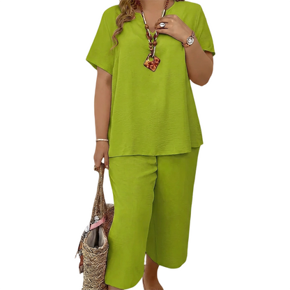 Summer Sale👗Women's Solid Short Sleeve Top & Loose Wide Leg Pants 2-Piece Set