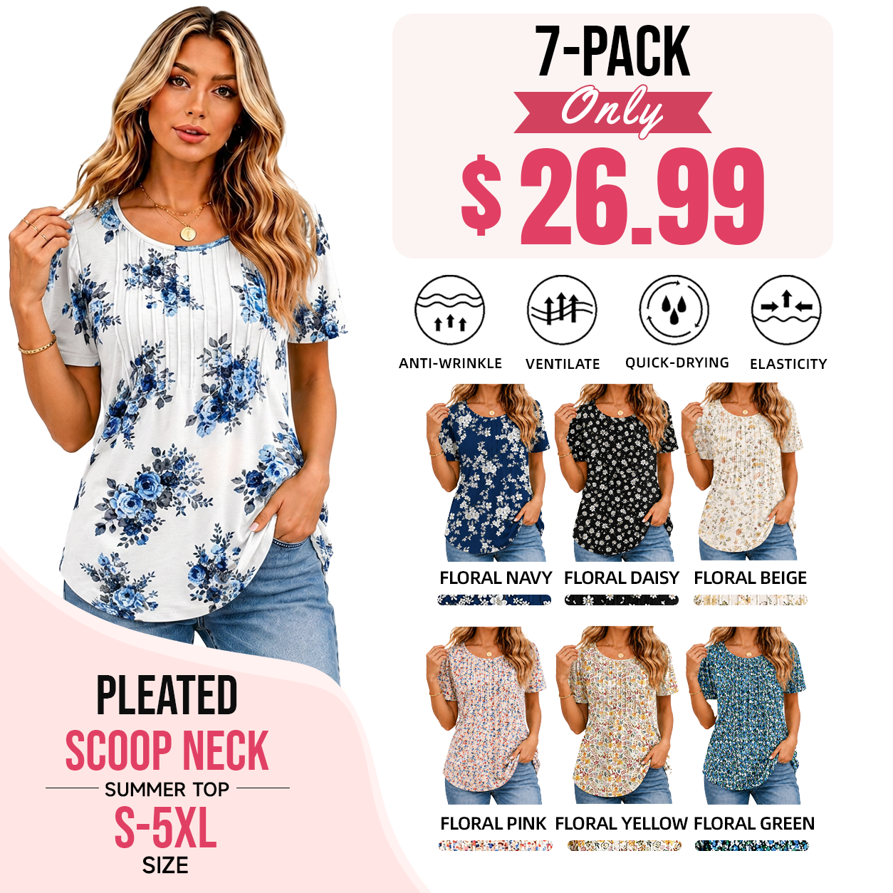 🔥Last day promotion🔥Womens T Shirts Short Sleeve Pleated Dressy Casual Scooped Neck Summer Tops Blouses