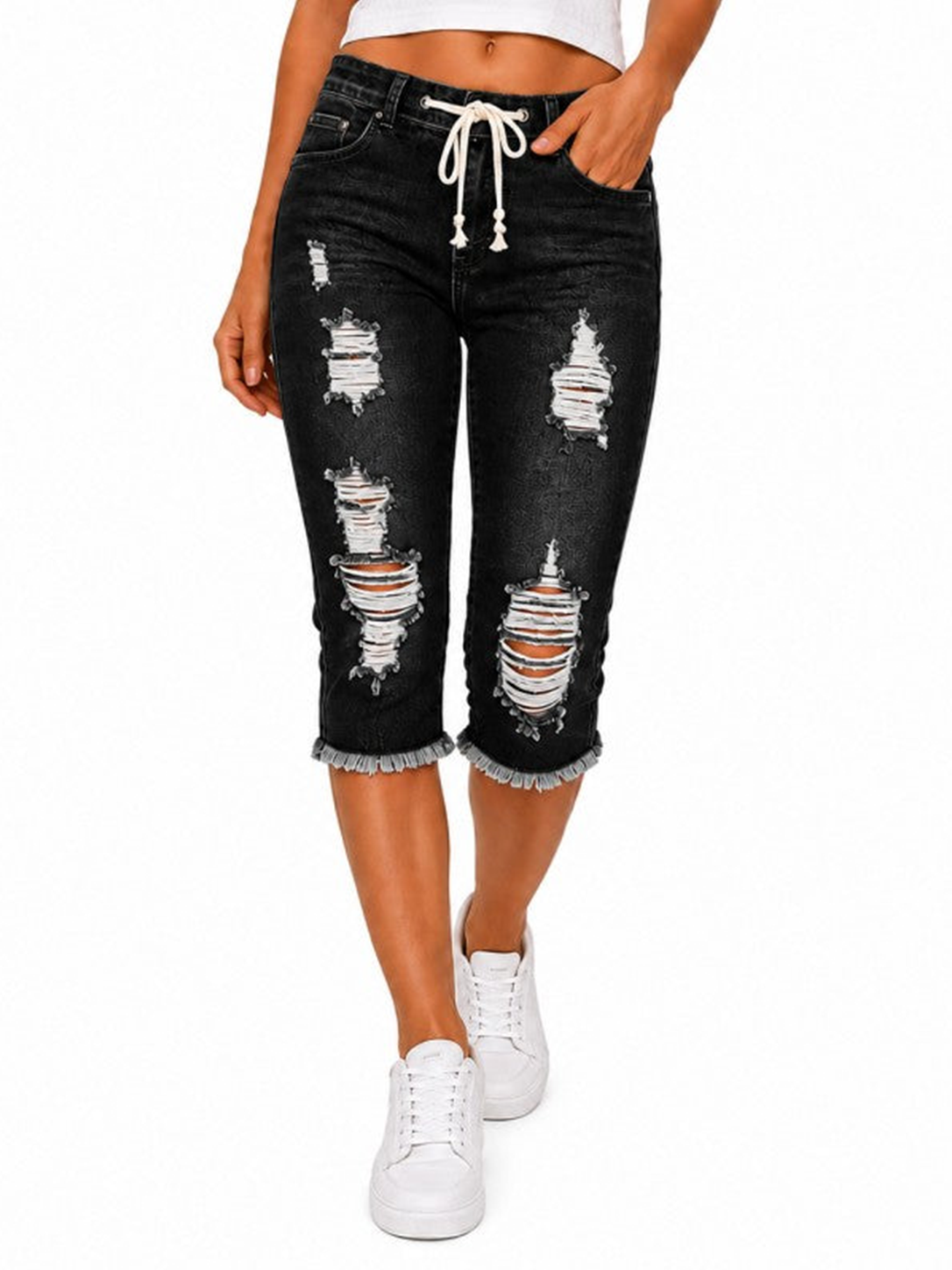 Fashion Distressed Ripped Capri Jeans Plus Size Casual High-Waisted Drawstring Waist Denim Cropped Pants + Lace cutout top