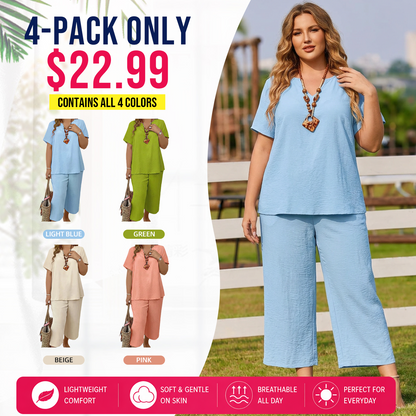 Summer Sale👗Women's Solid Short Sleeve Top & Loose Wide Leg Pants 2-Piece Set