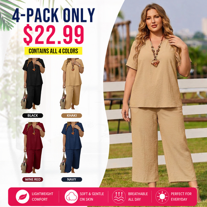 Summer Sale👗Women's Solid Short Sleeve Top & Loose Wide Leg Pants 2-Piece Set