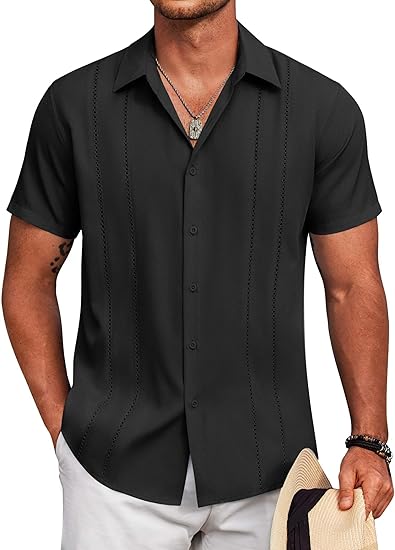 🔥Last day promotion🔥Men's Cuban Guayabera Shirt Short Sleeve V-Neck Button Down Casual Summer Beach Linen Top Fitted Breathable Soft Fabric