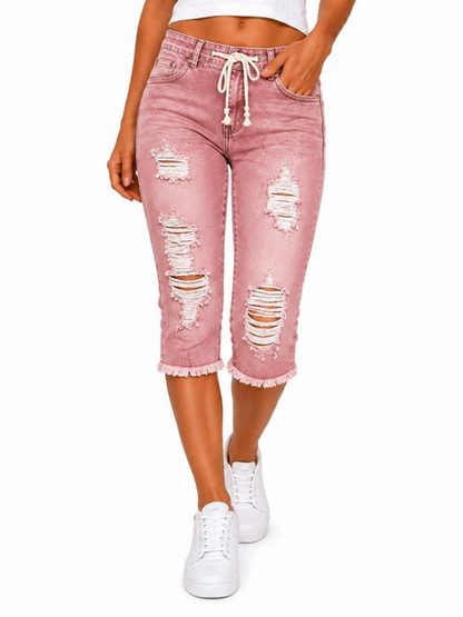 Fashion Distressed Ripped Capri Jeans Plus Size Casual High-Waisted Drawstring Waist Denim Cropped Pants + Lace cutout top