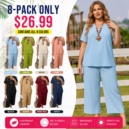 Summer Sale👗Women's Solid Short Sleeve Top & Loose Wide Leg Pants 2-Piece Set
