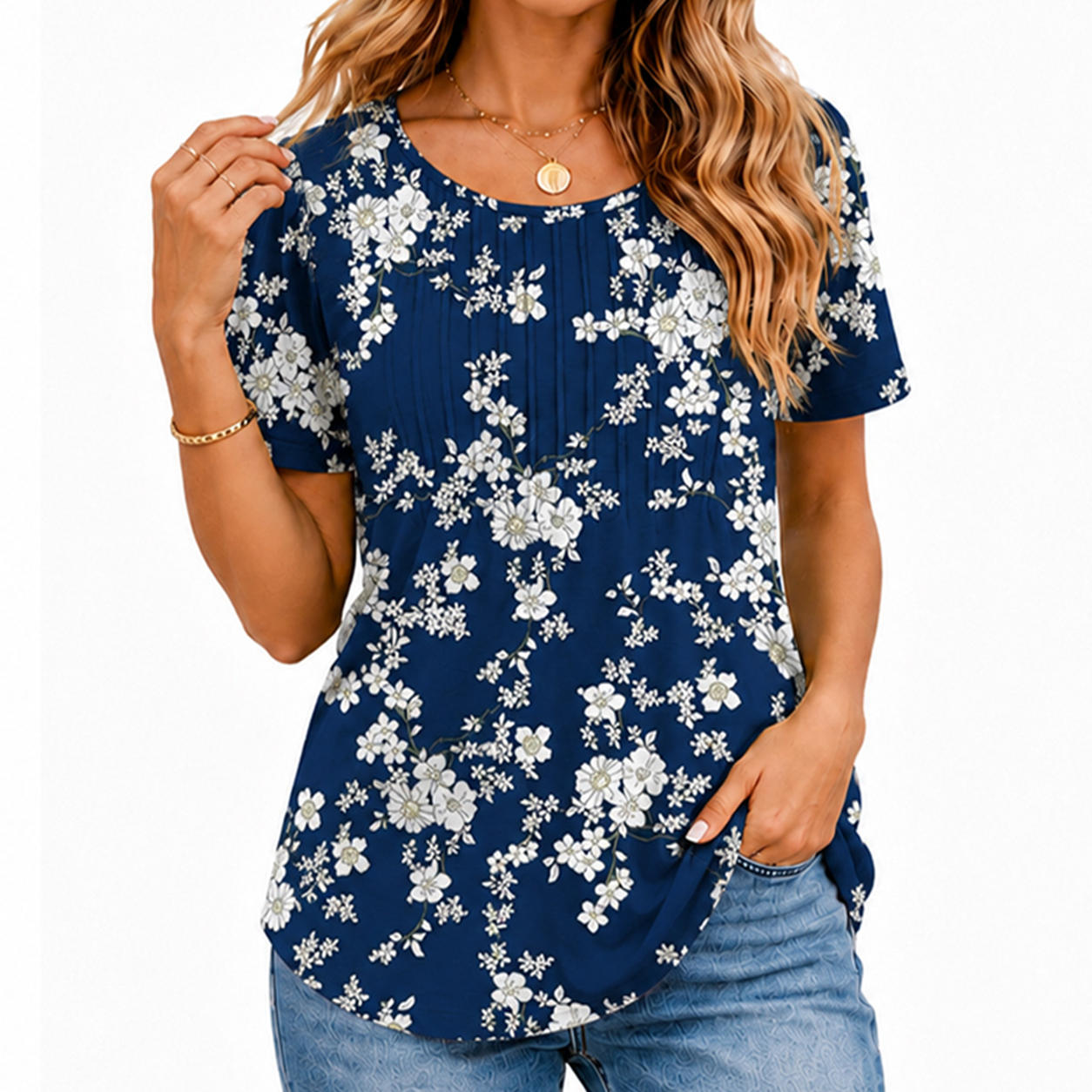 🔥Last day promotion🔥Womens T Shirts Short Sleeve Pleated Dressy Casual Scooped Neck Summer Tops Blouses
