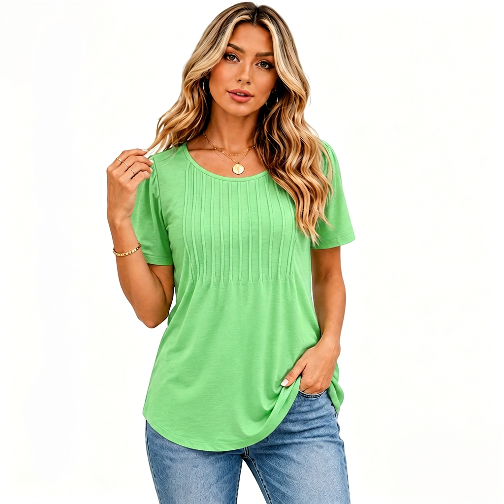 🔥Last day promotion🔥Womens T Shirts Short Sleeve Pleated Dressy Casual Scooped Neck Summer Tops Blouses